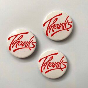 70s vintage set of 3 white red THANKS retro souvenir metal button pins pinbacks